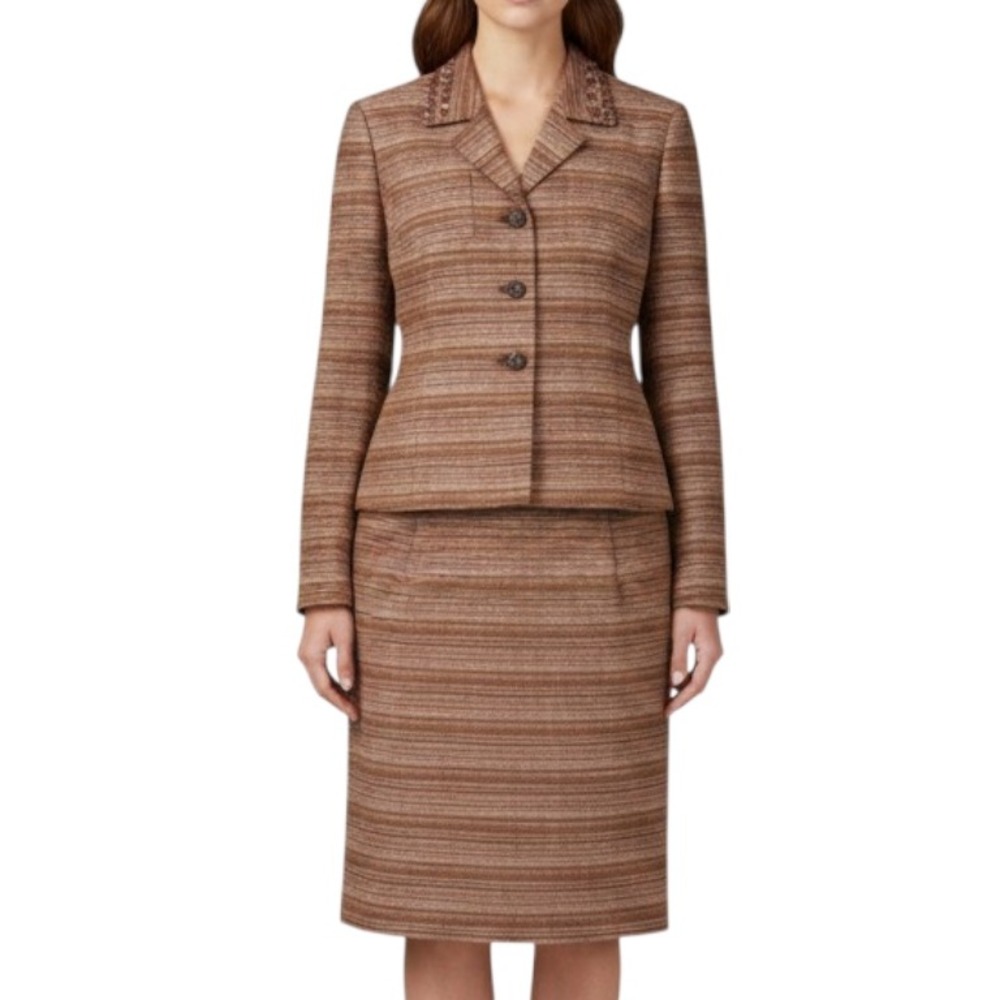 JONES WEAR Brown/Pink/Purple STRIPES 3-Button TWEED SUIT SET Jacket/Skirt Sz 10
